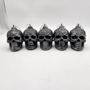 Set of 5 DWK 2020 Gothic Skull Hanging Ornaments Silver Black Resin Tribal Decor